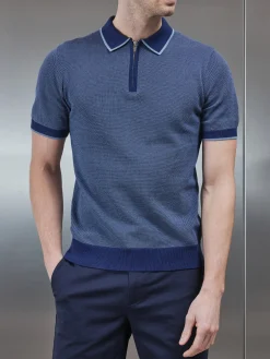 Capri Textured Knitted Zip Polo Shirt - Navy
