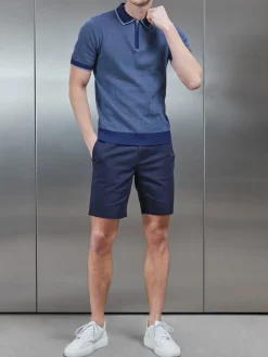 Capri Textured Knitted Zip Polo Shirt - Navy