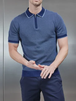 Capri Textured Knitted Zip Polo Shirt - Navy