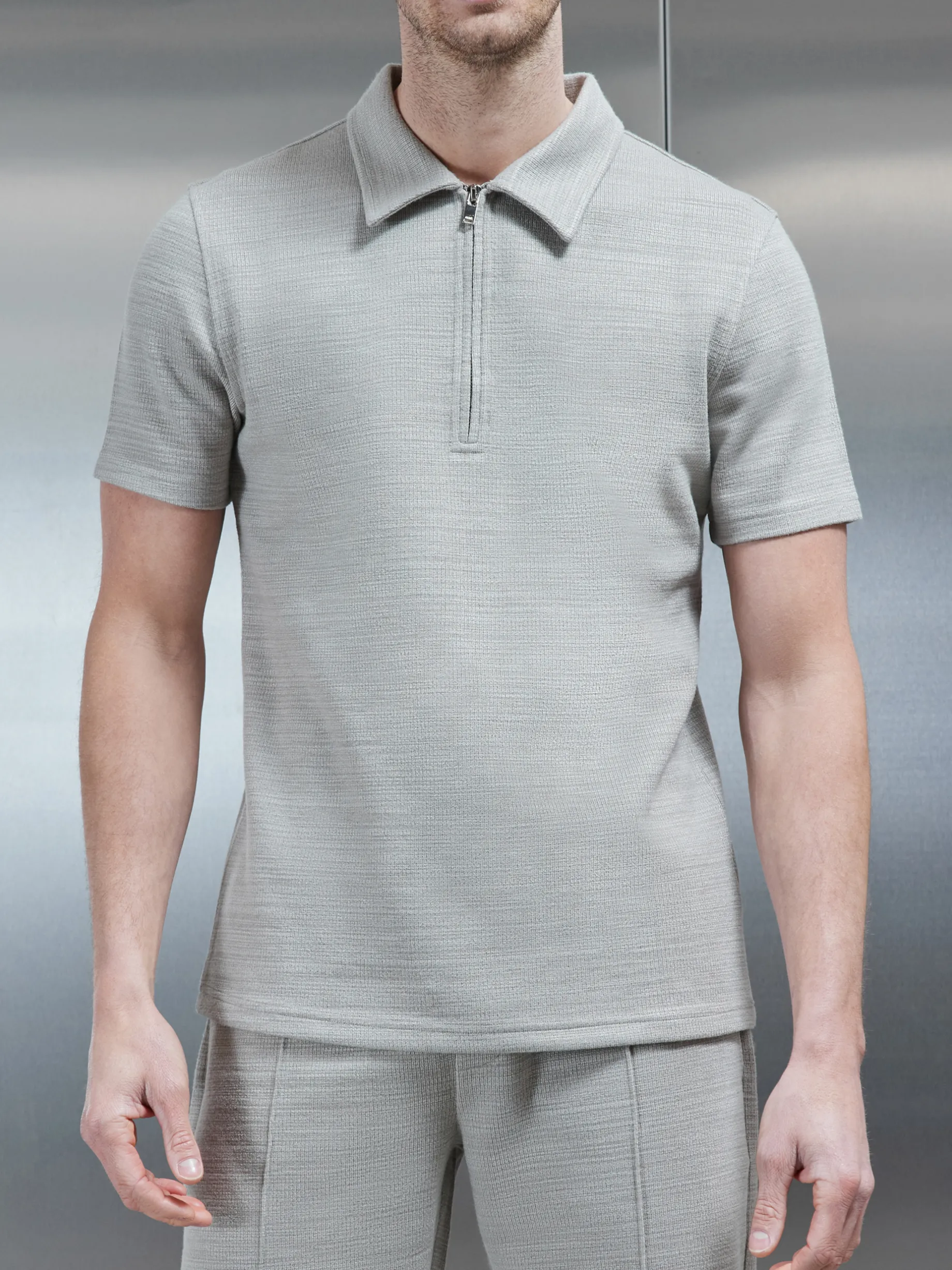 Cavour Textured Half Zip Polo Shirt - Stone