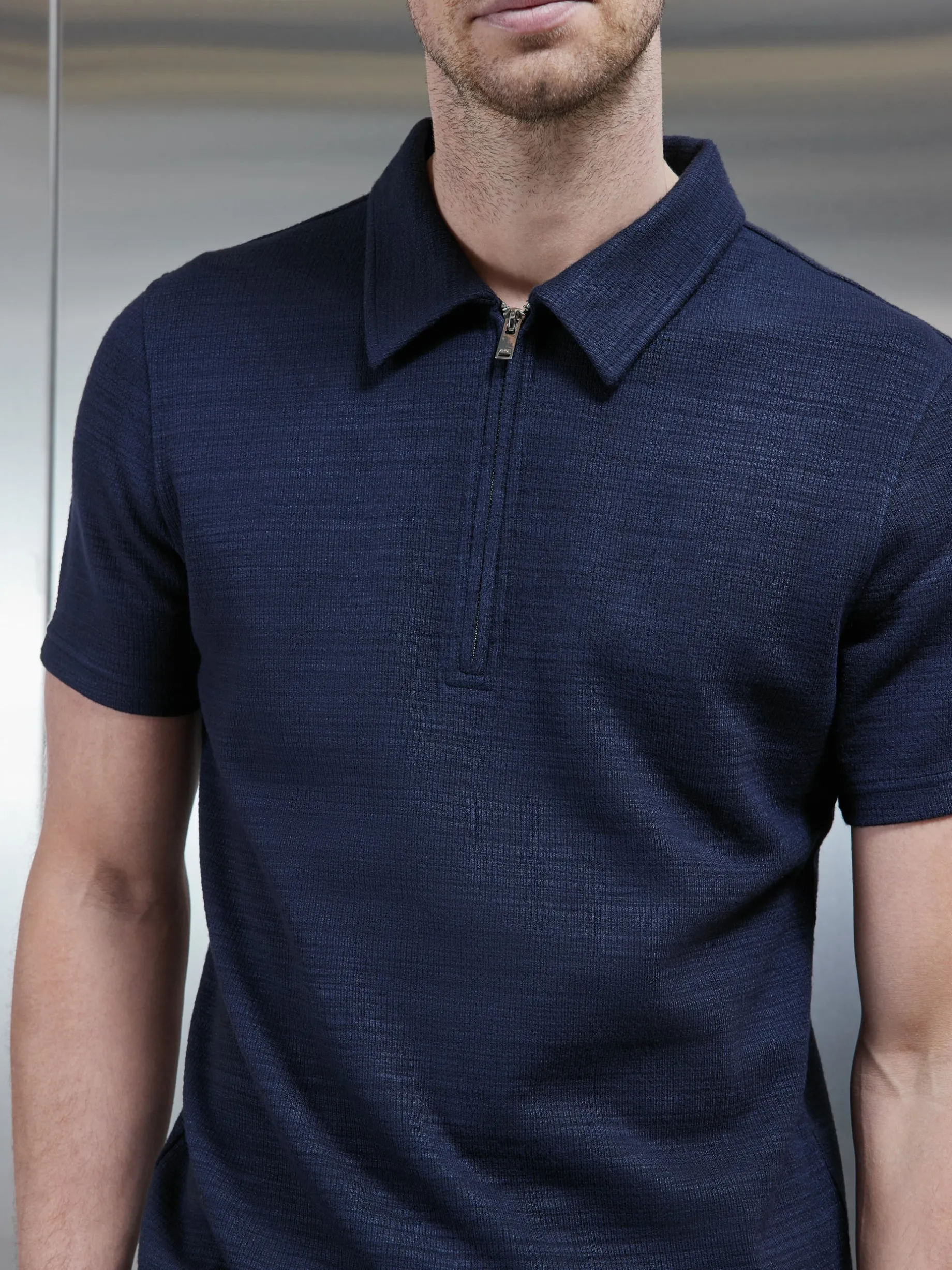 Cavour Textured Zip Polo Shirt - Navy