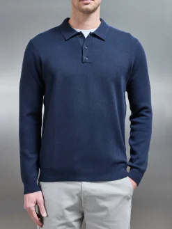 Chunky Knitted Polo Shirt - Navy