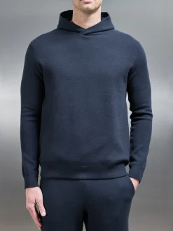 Chunky Knitted Pull Over Hoodie - Navy