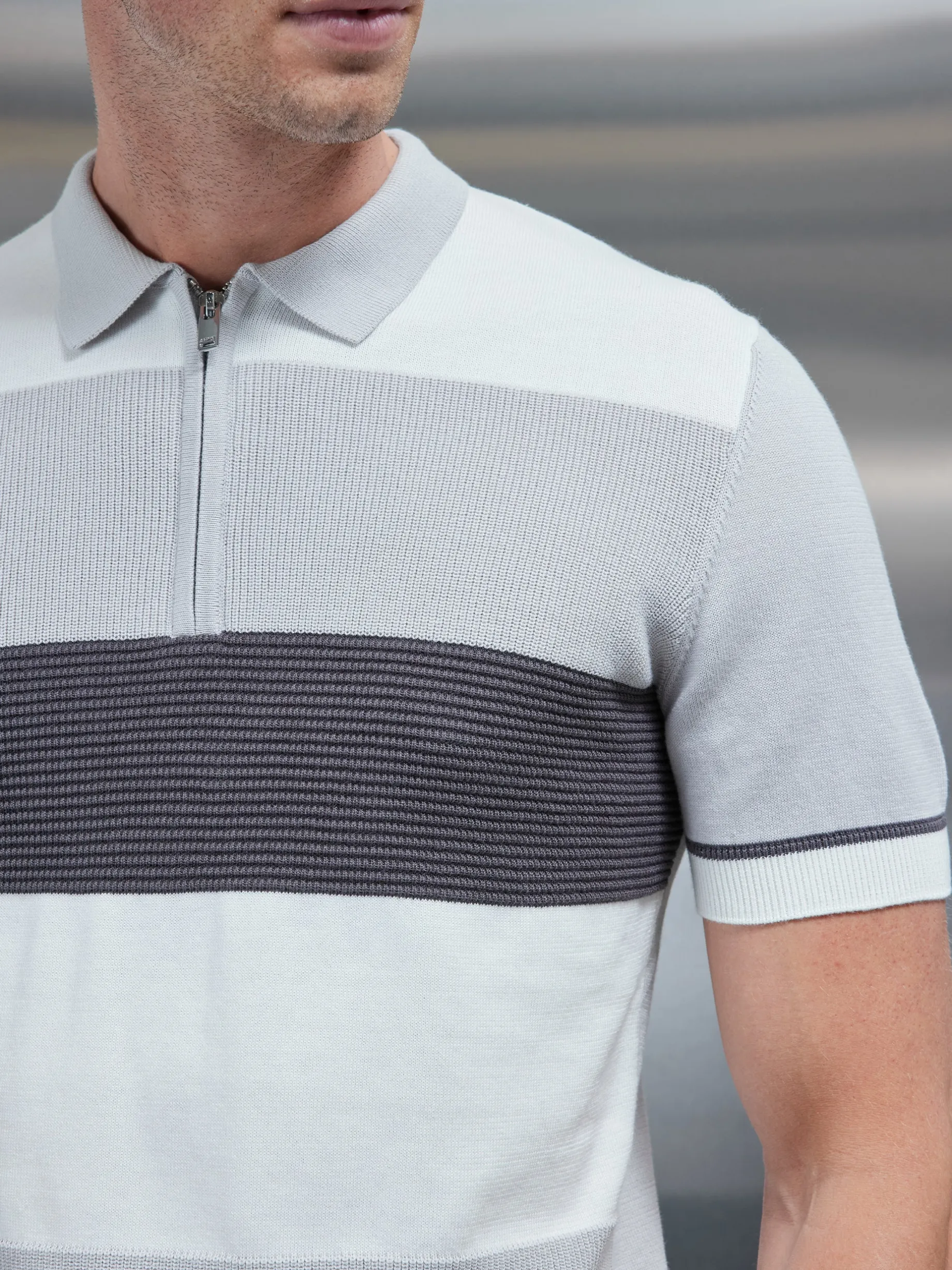 Colour Block Knitted Zip Polo Shirt - Grey