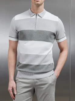 Colour Block Knitted Zip Polo Shirt - Sage