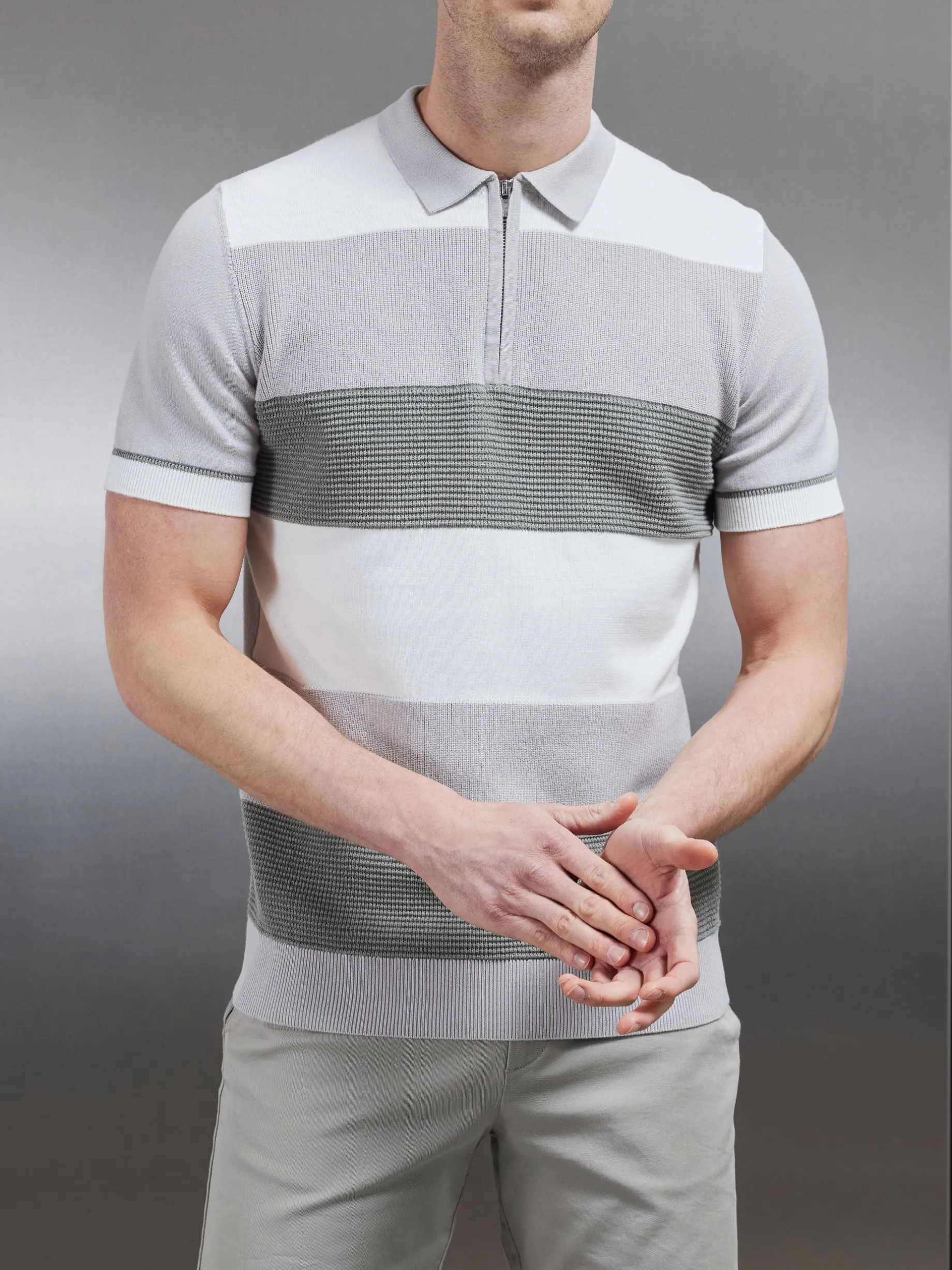 Colour Block Knitted Zip Polo Shirt - Sage