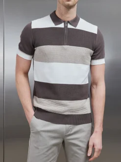 Colour Block Knitted Zip Polo Shirt - Taupe
