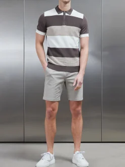 Colour Block Knitted Zip Polo Shirt - Taupe