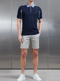 Colour Block Zip Polo Shirt - Navy