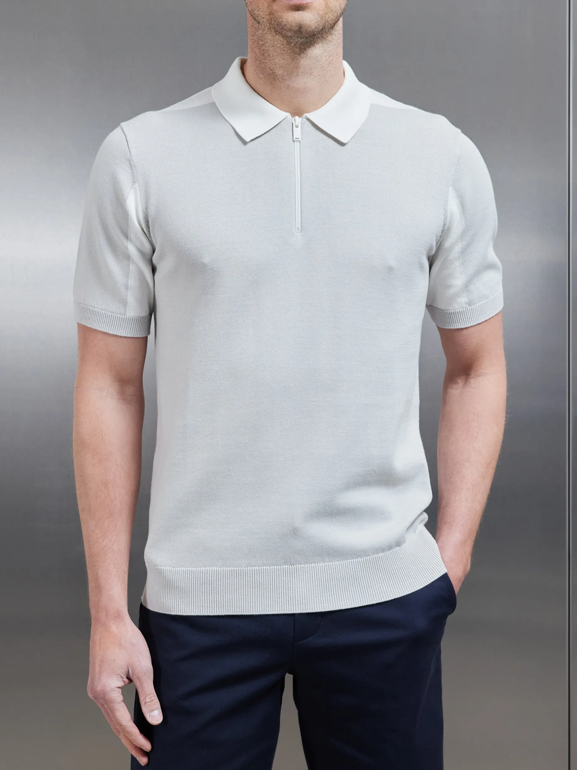Colour Block Zip Polo Shirt - Mid Grey