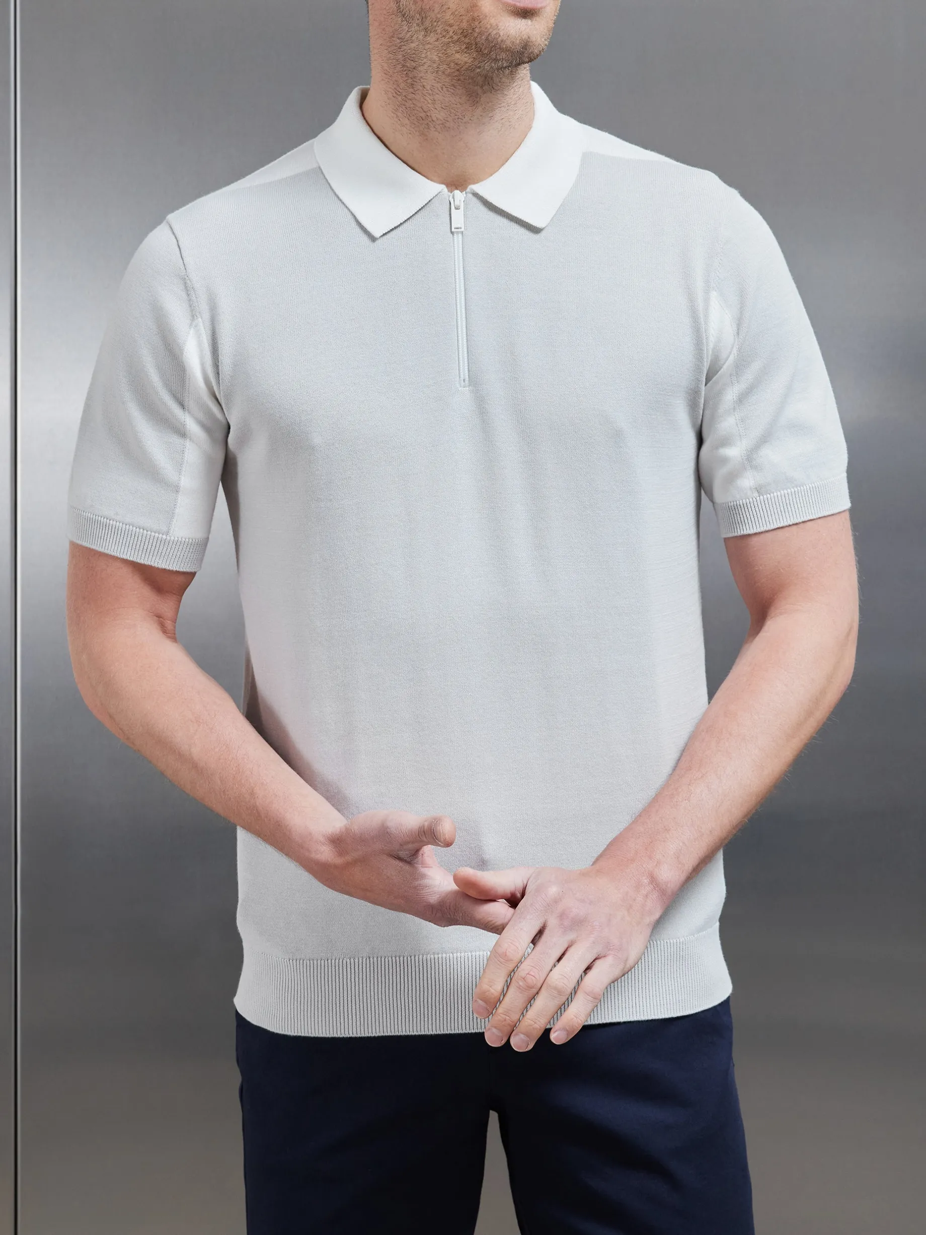 Colour Block Zip Polo Shirt - Mid Grey