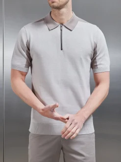 Colour Block Zip Polo Shirt - Stone