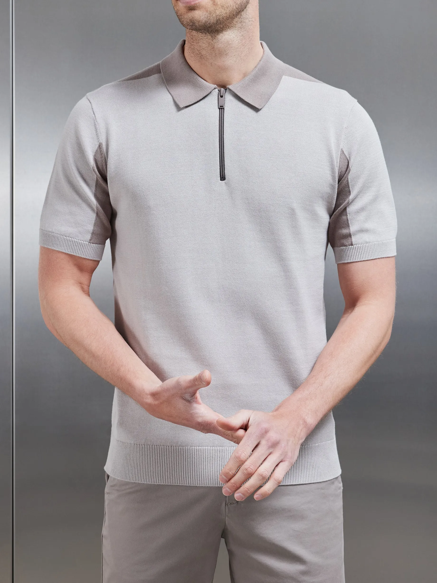 Colour Block Zip Polo Shirt - Stone