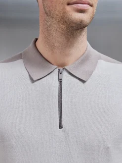 Colour Block Zip Polo Shirt - Stone