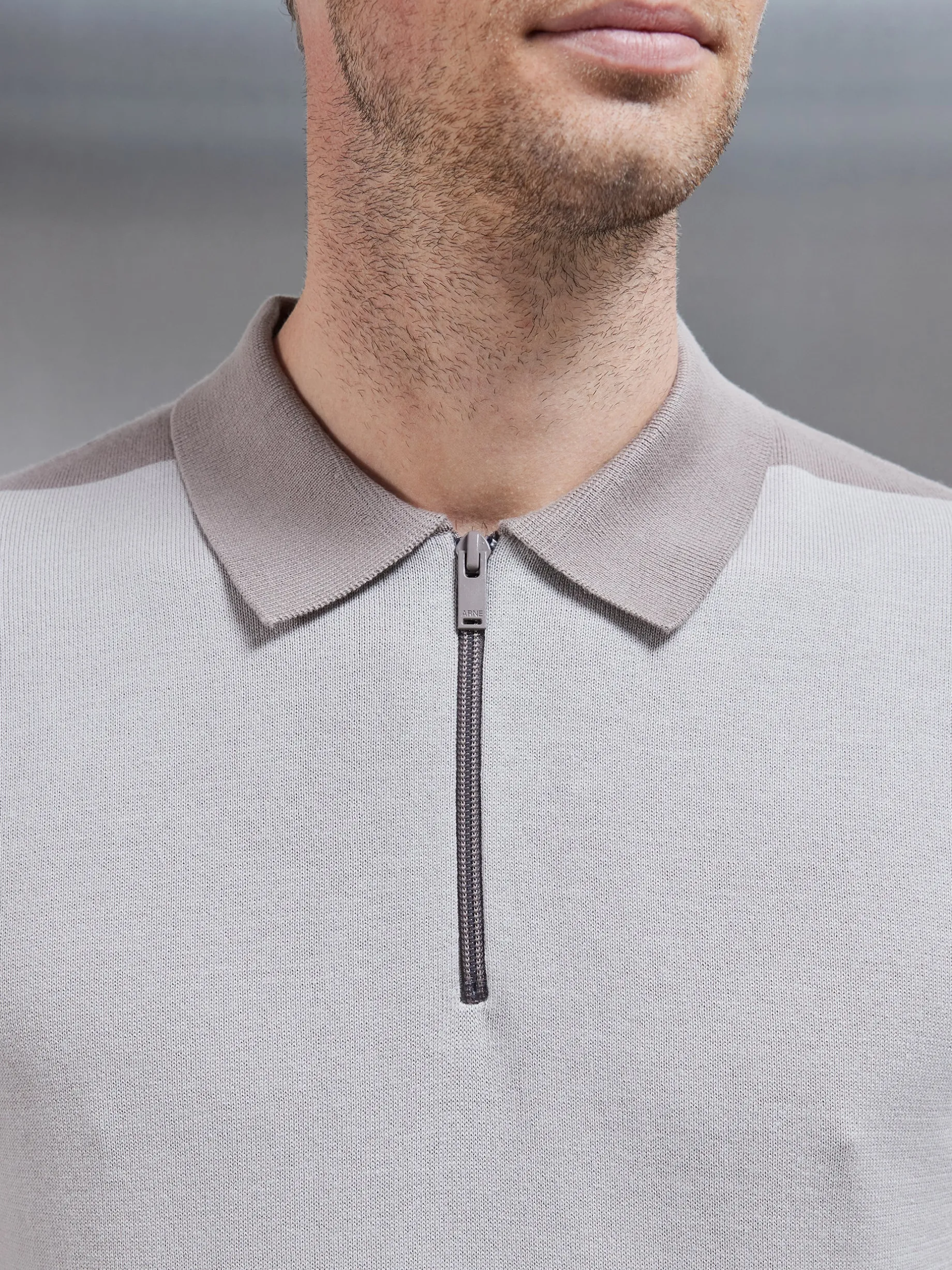 Colour Block Zip Polo Shirt - Stone