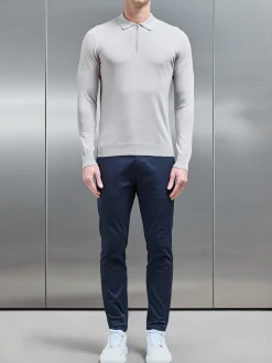 Cotton & Silk Long Sleeve Zip Polo Shirt - Stone