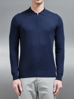 Cotton & Silk Long Sleeve Zip Polo Shirt - Navy