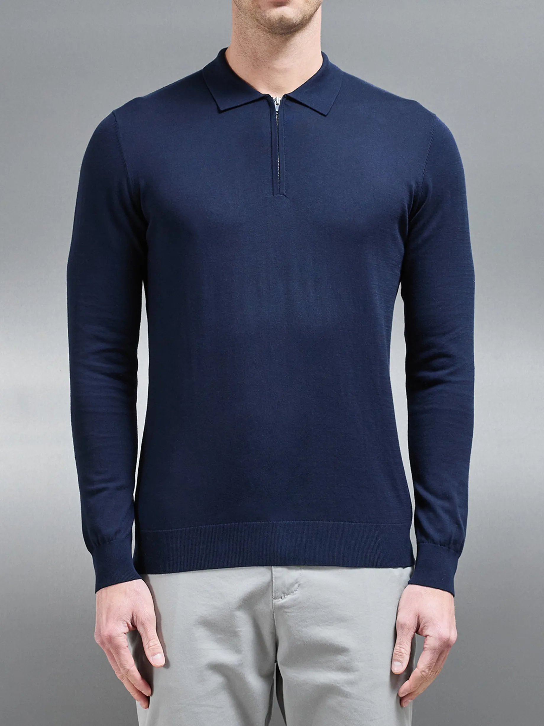 Cotton & Silk Long Sleeve Zip Polo Shirt - Navy