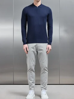 Cotton & Silk Long Sleeve Zip Polo Shirt - Navy