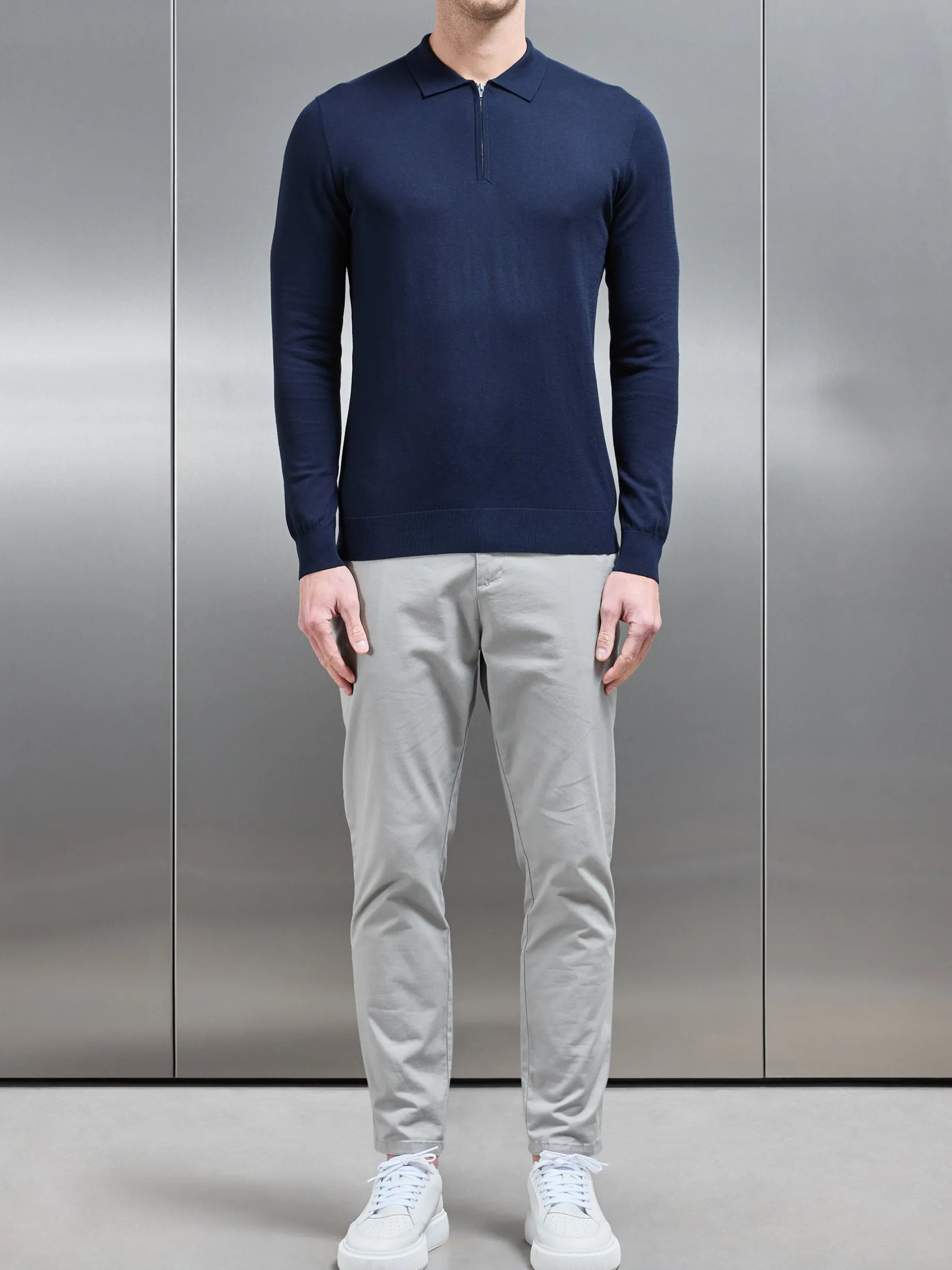 Cotton & Silk Long Sleeve Zip Polo Shirt - Navy