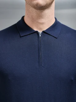Cotton & Silk Long Sleeve Zip Polo Shirt - Navy