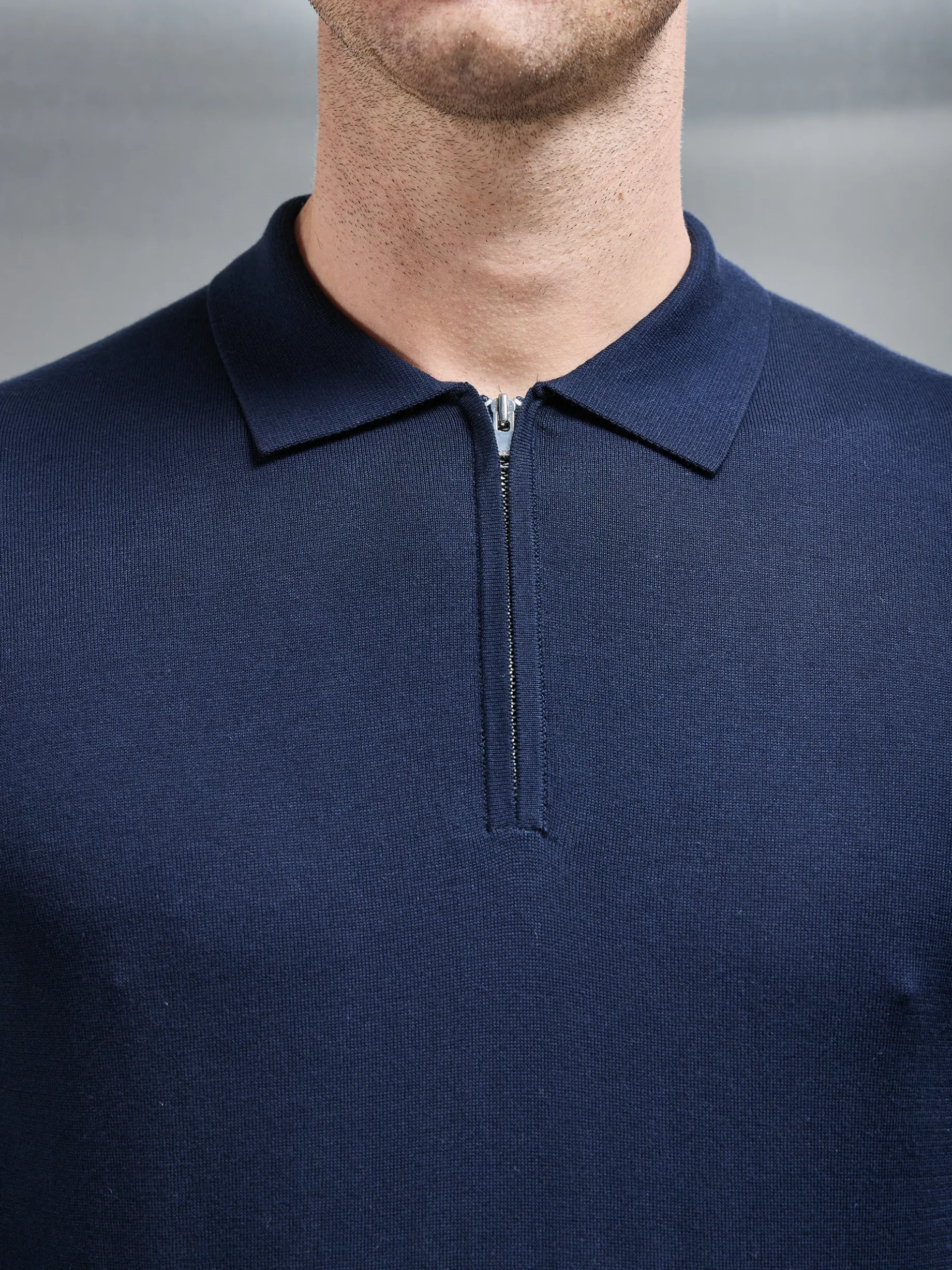 Cotton & Silk Long Sleeve Zip Polo Shirt - Navy