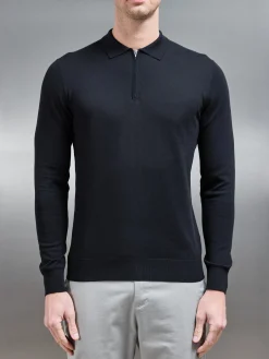 Cotton & Silk Long Sleeve Zip Polo Shirt - Black