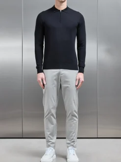 Cotton & Silk Long Sleeve Zip Polo Shirt - Black