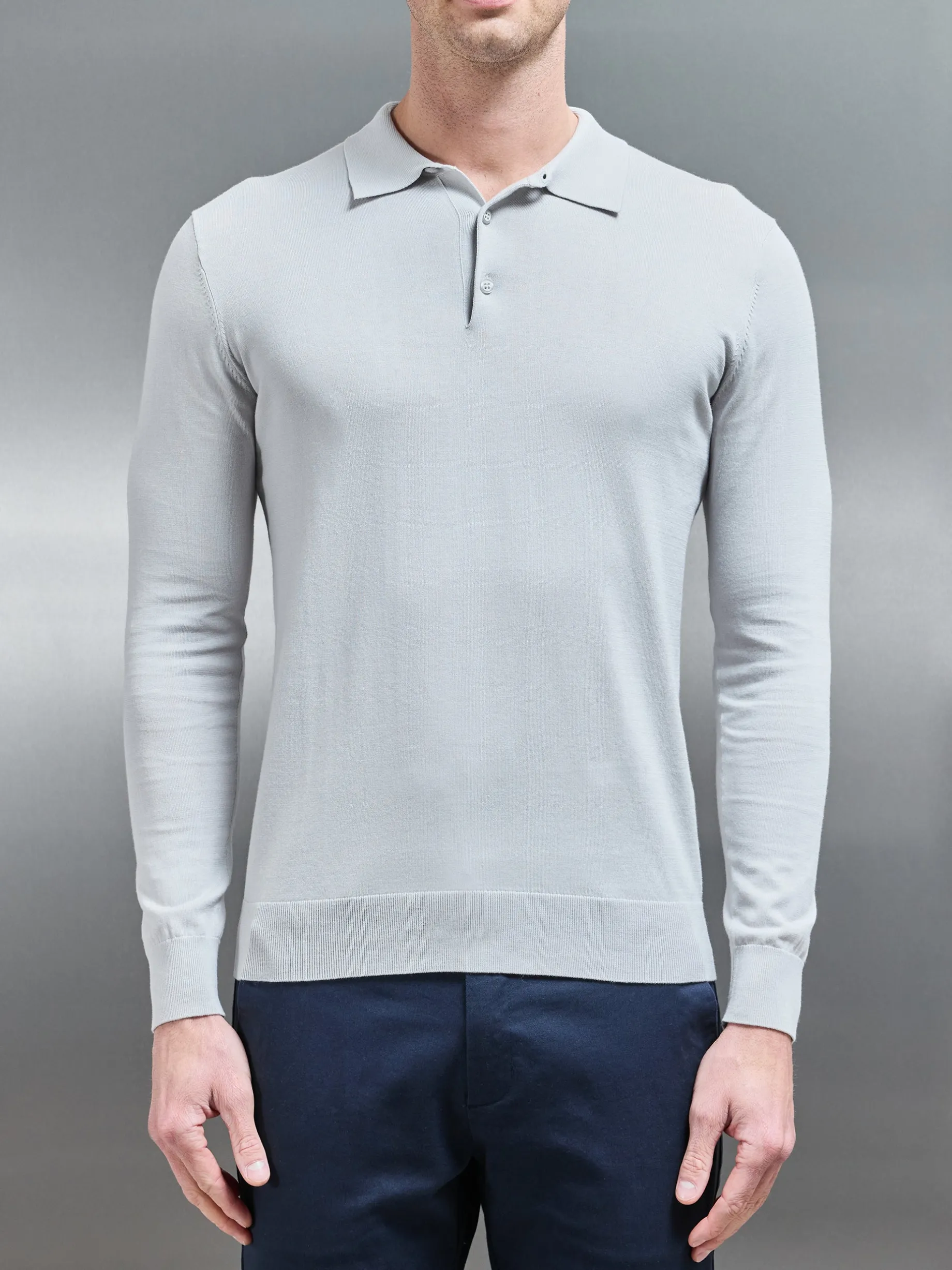Cotton & Silk Long Sleeve Button Polo Shirt - Mid Grey