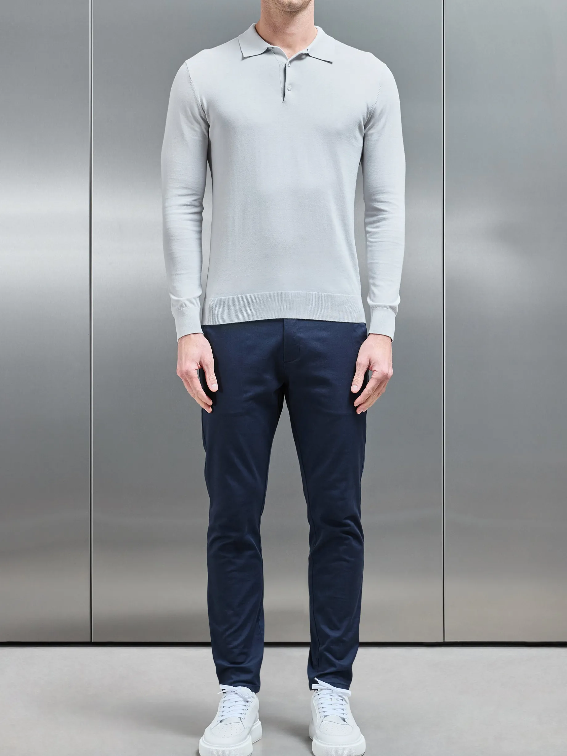 Cotton & Silk Long Sleeve Button Polo Shirt - Mid Grey