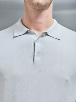 Cotton & Silk Long Sleeve Button Polo Shirt - Mid Grey