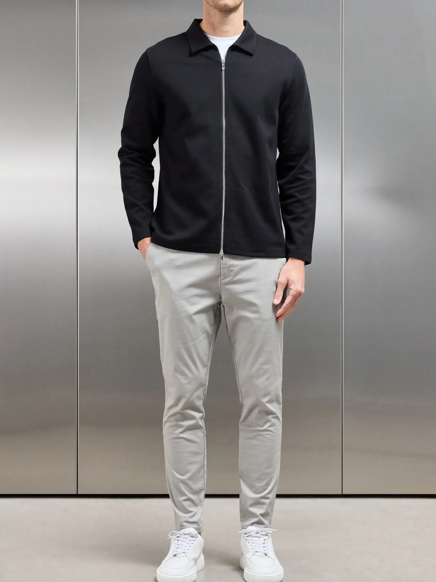 Cotton Jersey Zip Through Overshirt - Black