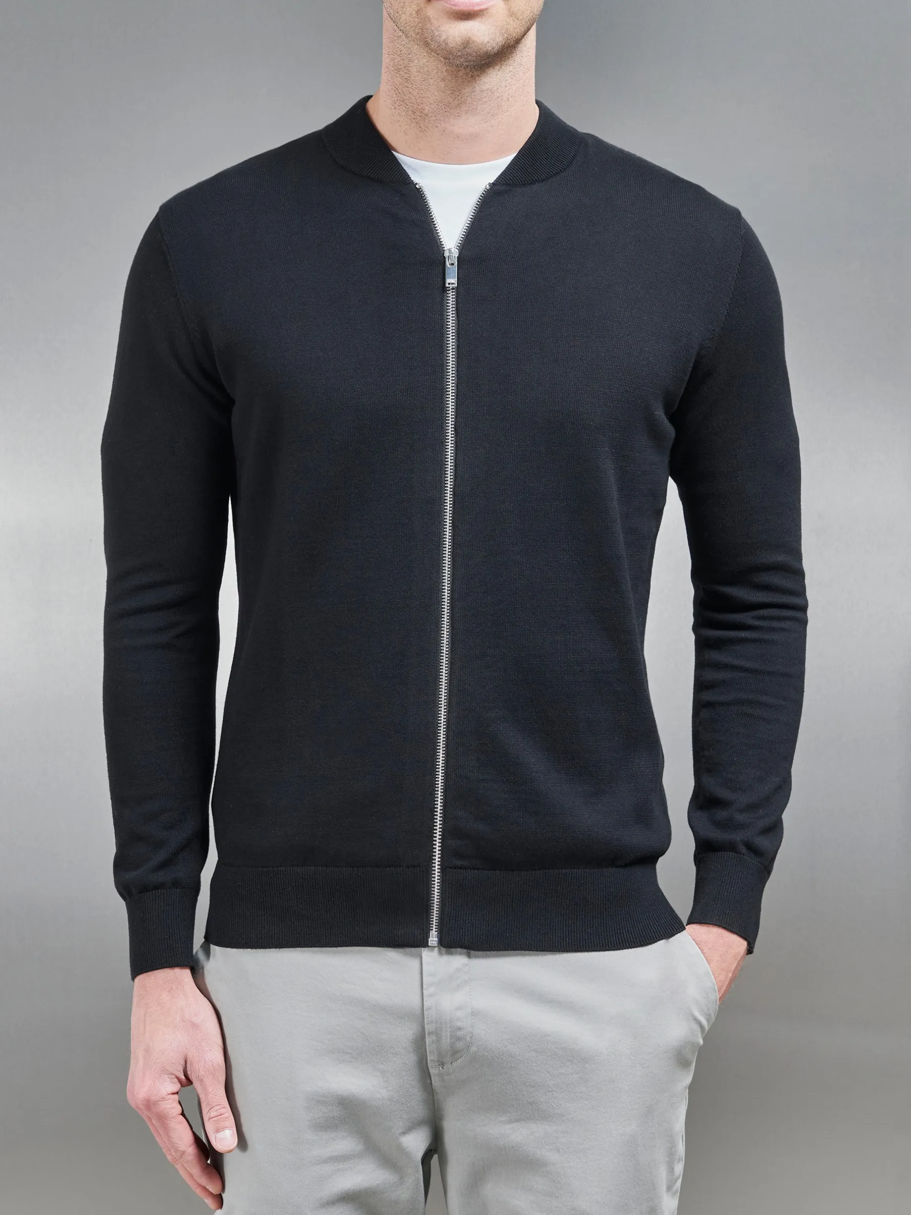 Cotton Knitted Bomber Jacket - Black