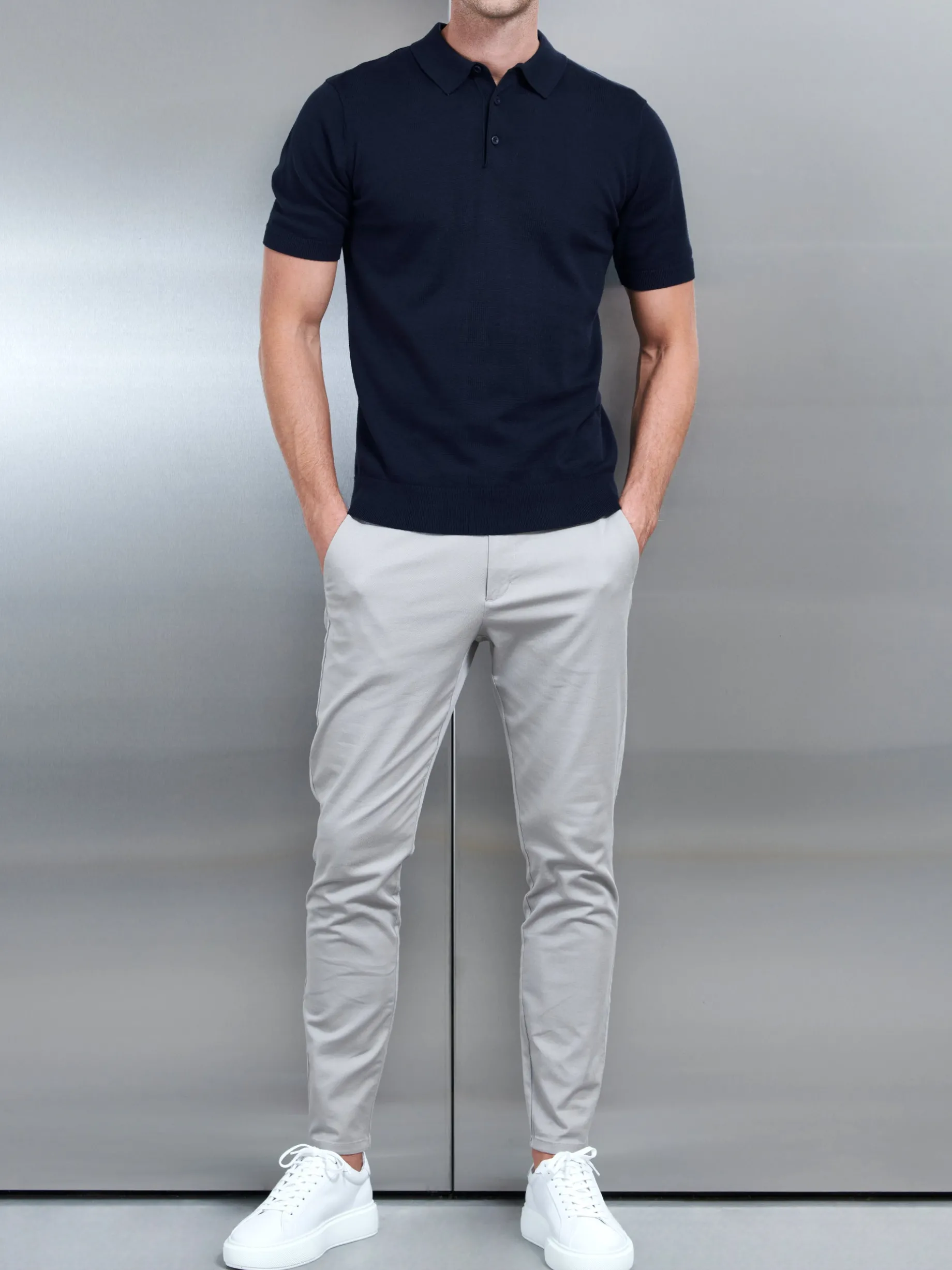 Cotton Knitted Button Polo Shirt - Navy