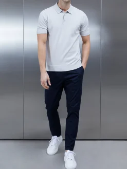 Cotton Knitted Button Polo Shirt - Mid Grey