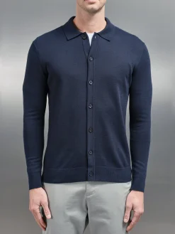 Cotton Knitted Button Through Shirt - Navy