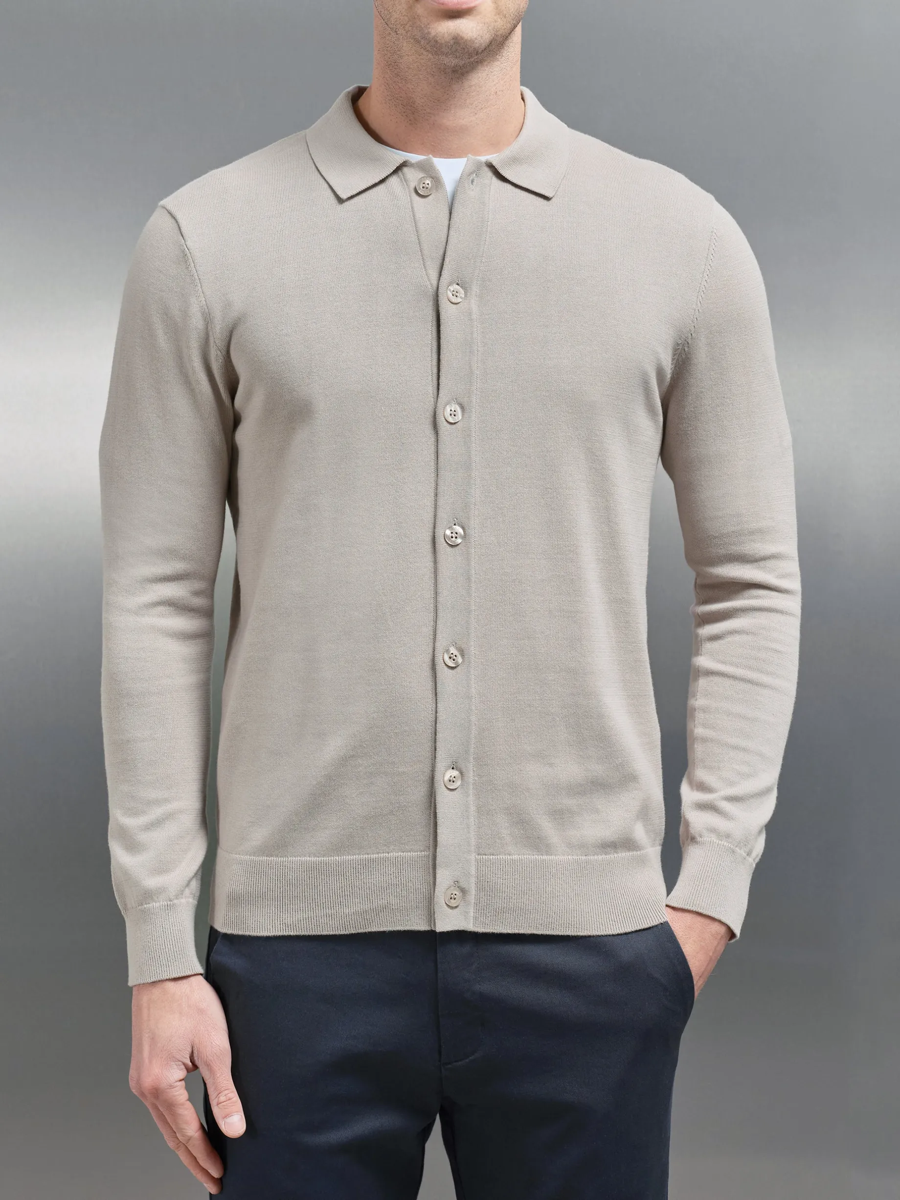 Cotton Knitted Button Through Shirt - Stone