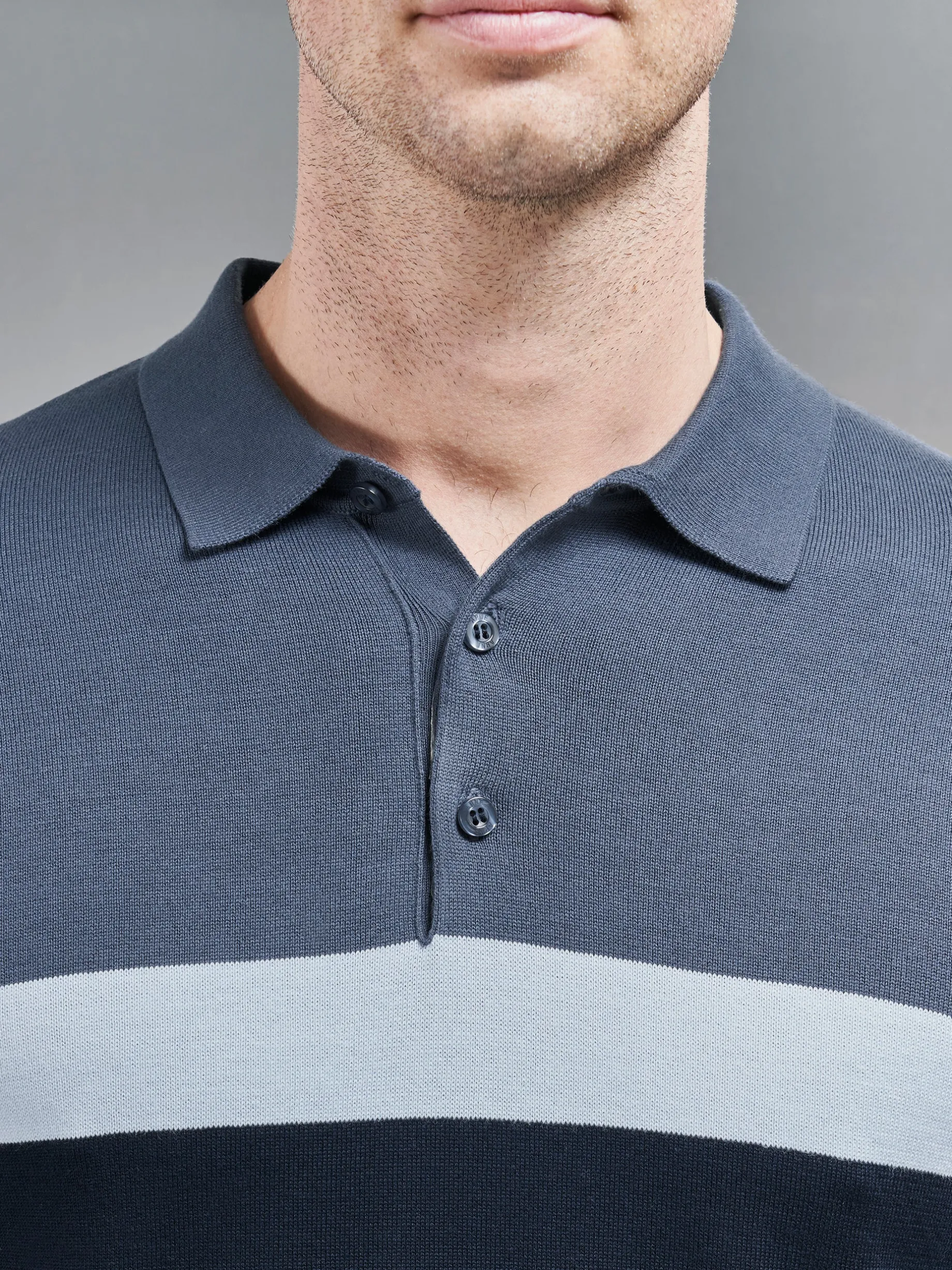 Cotton Knitted Colour Block Polo Shirt - Navy