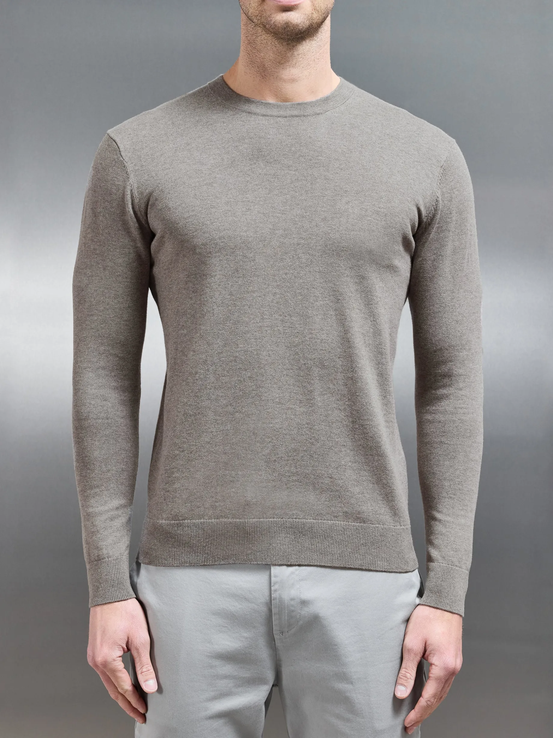 Cotton Knitted Crew Neck Sweatshirt - Taupe Marl