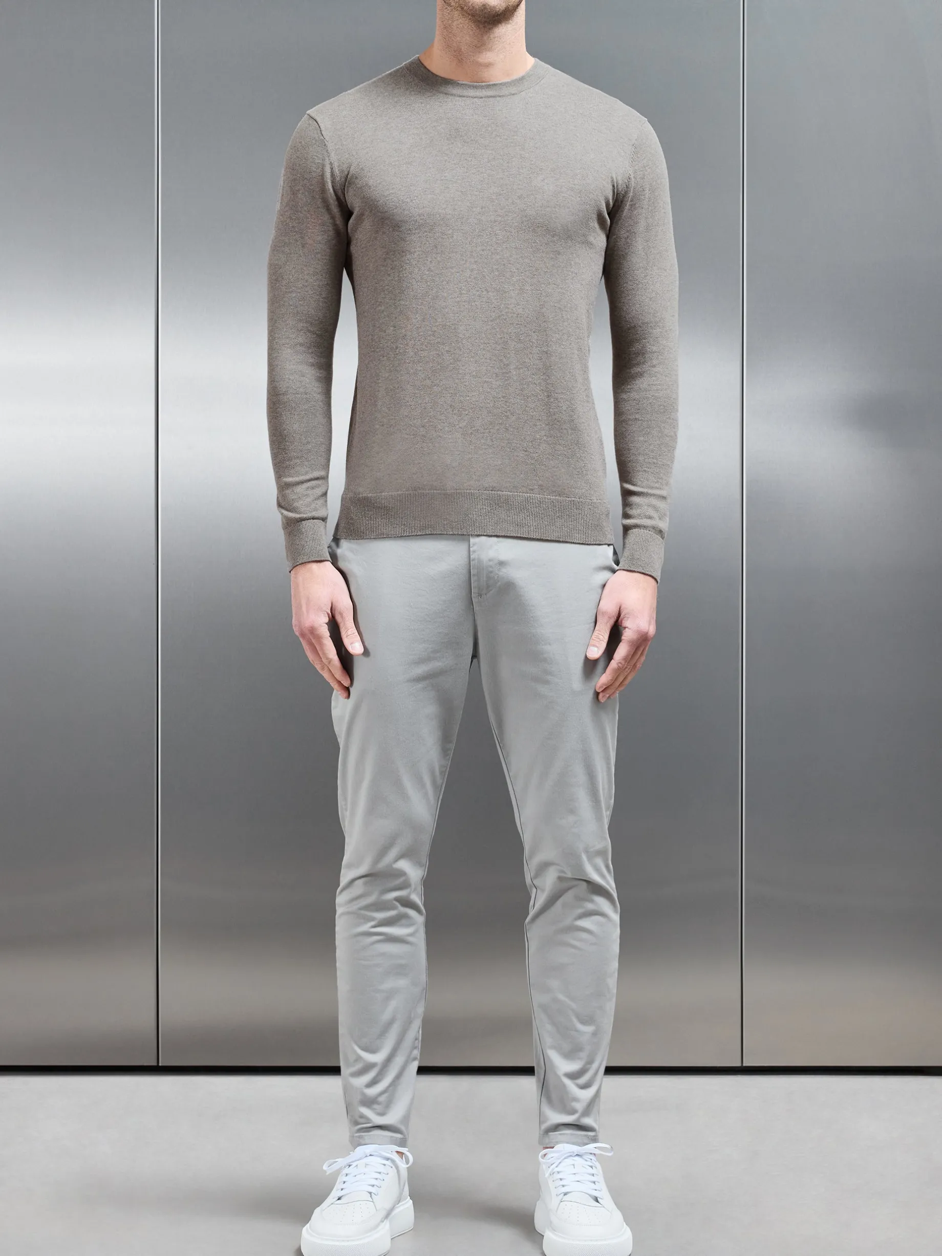 Cotton Knitted Crew Neck Sweatshirt - Taupe Marl