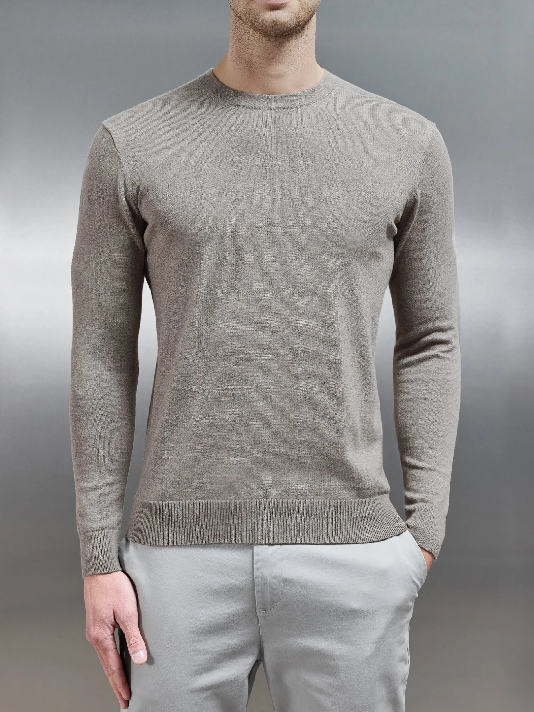 Cotton Knitted Crew Neck Sweatshirt - Taupe Marl