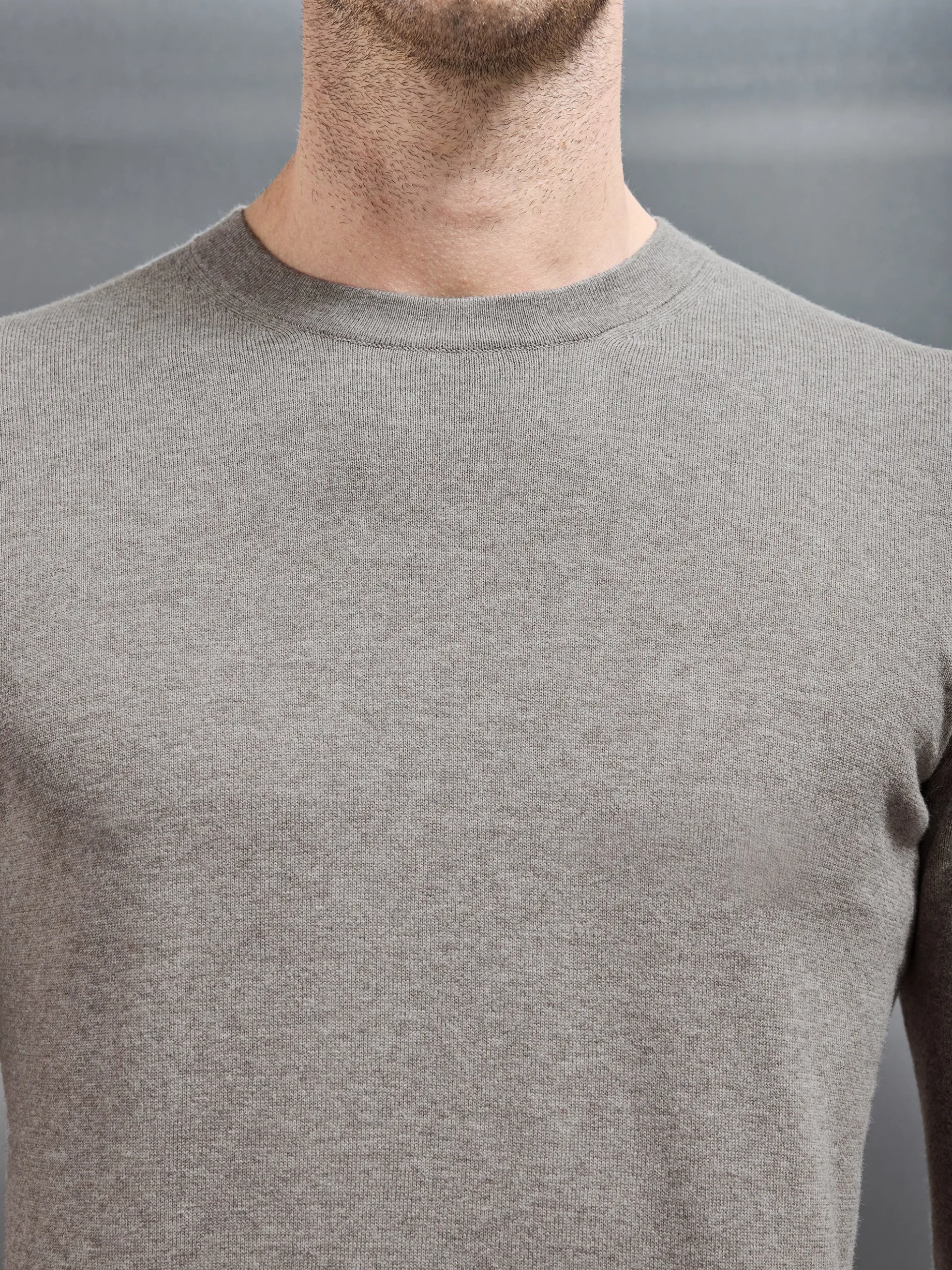 Cotton Knitted Crew Neck Sweatshirt - Taupe Marl