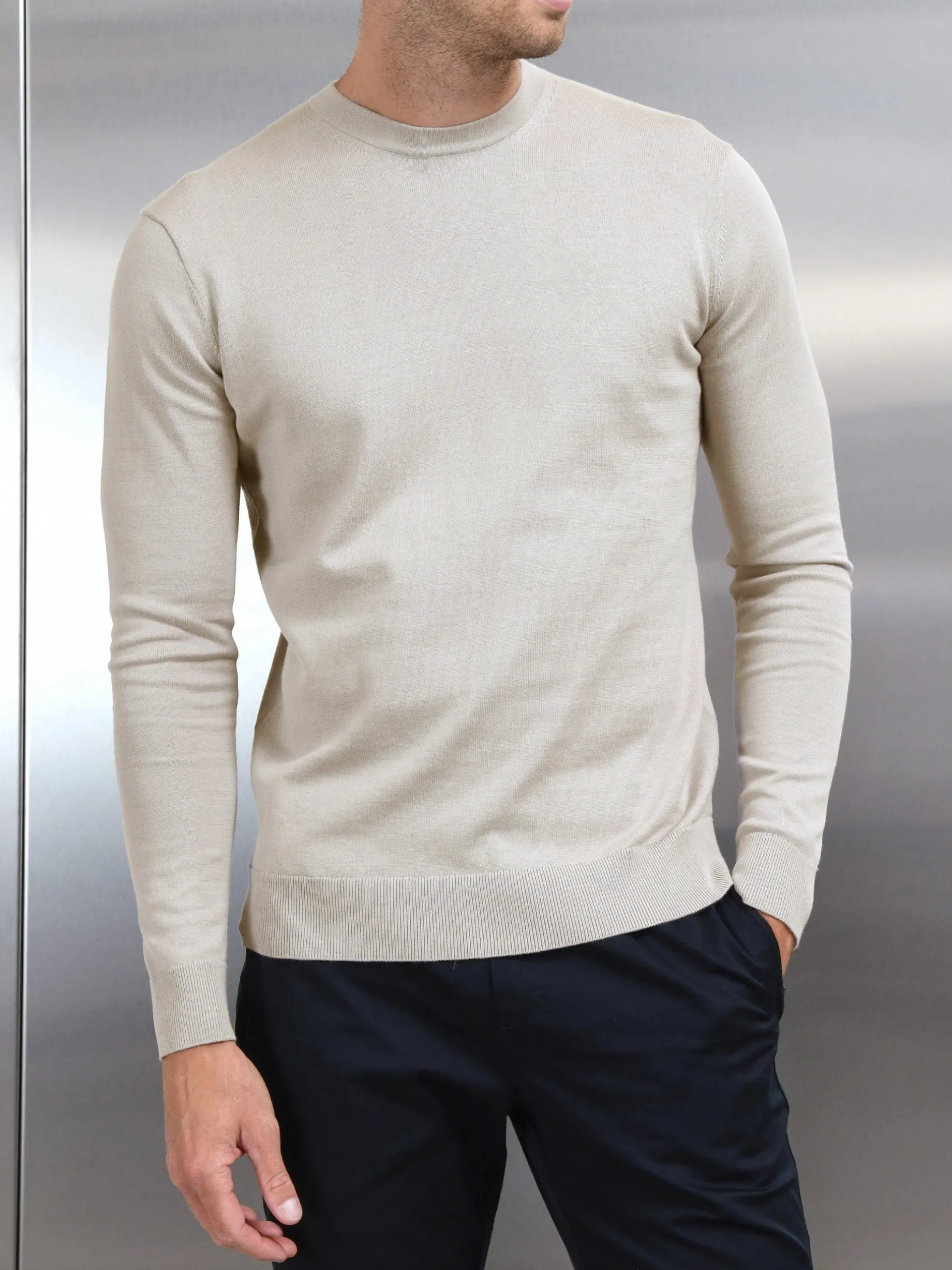 Cotton Knitted Crew Neck Sweatshirt - Stone