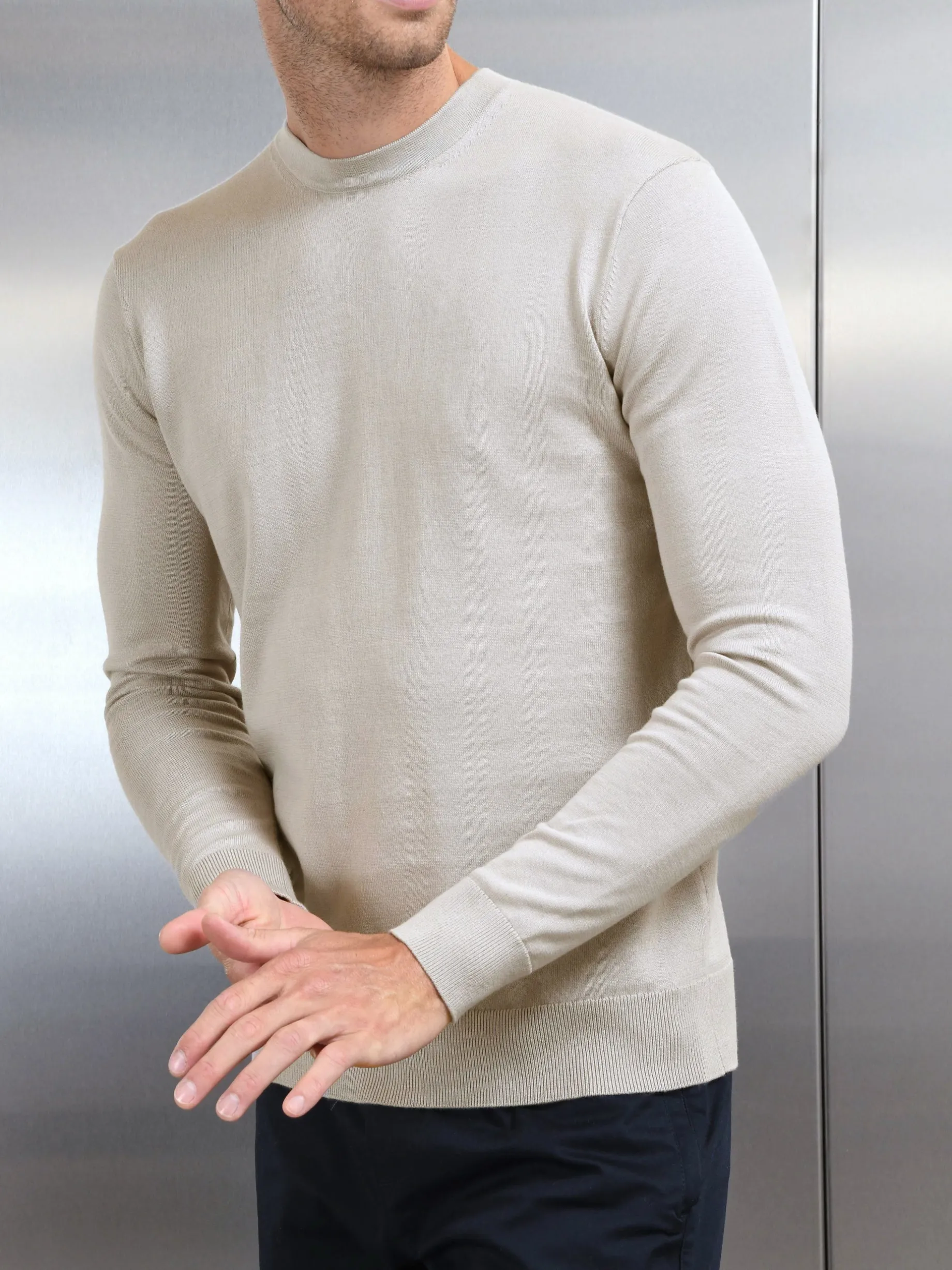 Cotton Knitted Crew Neck Sweatshirt - Stone