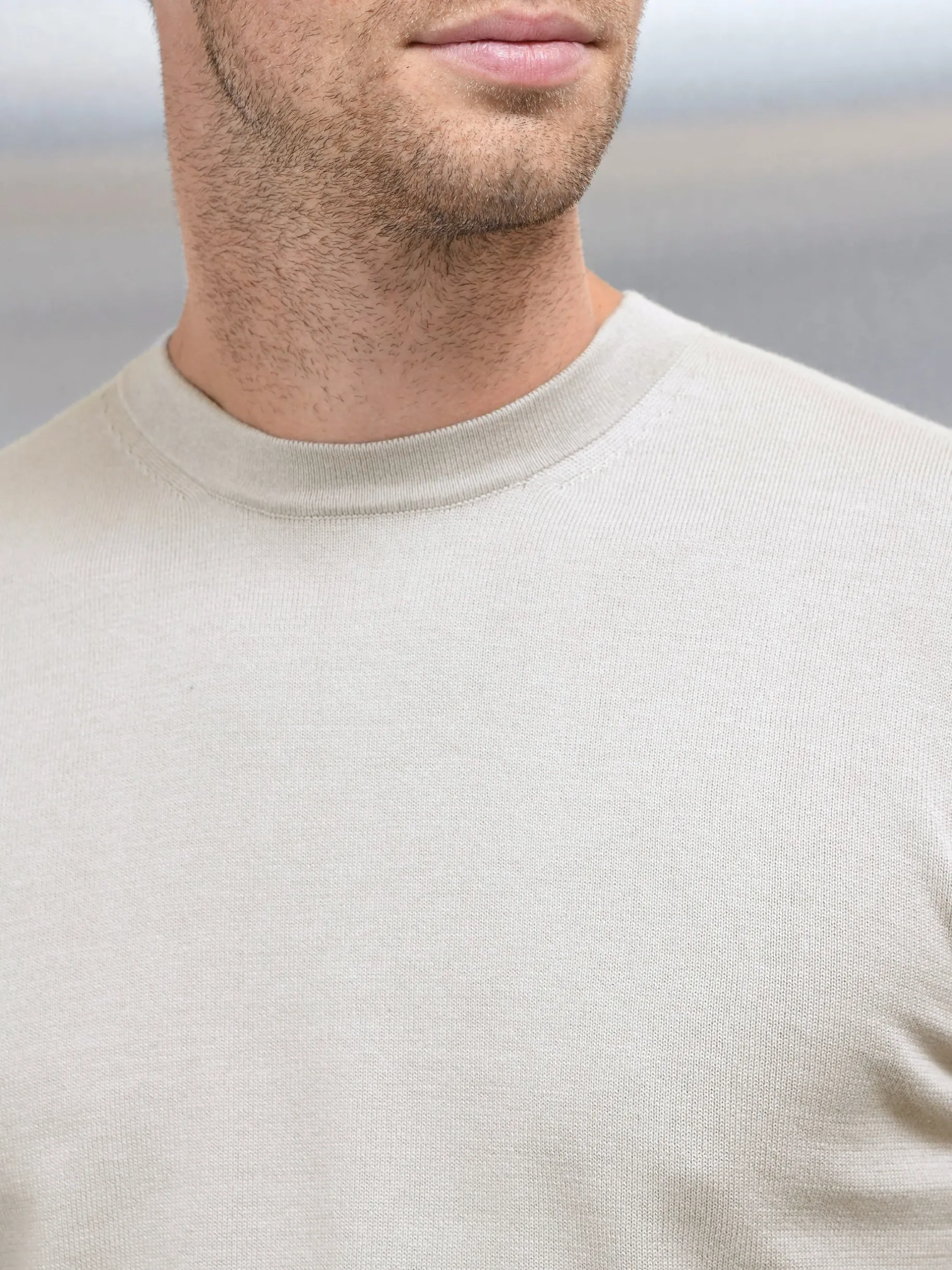 Cotton Knitted Crew Neck Sweatshirt - Stone