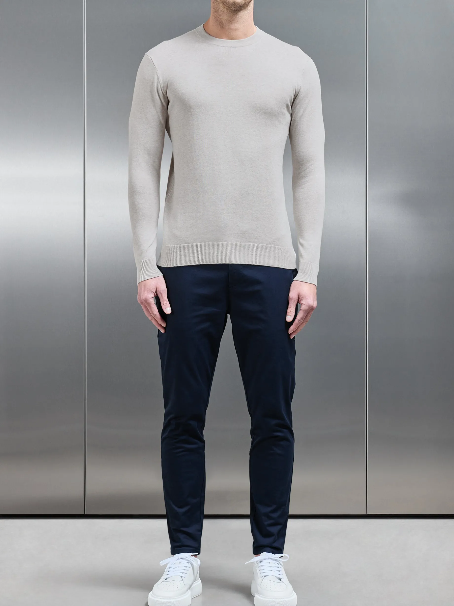 Cotton Knitted Crew Neck Sweatshirt - Oatmeal