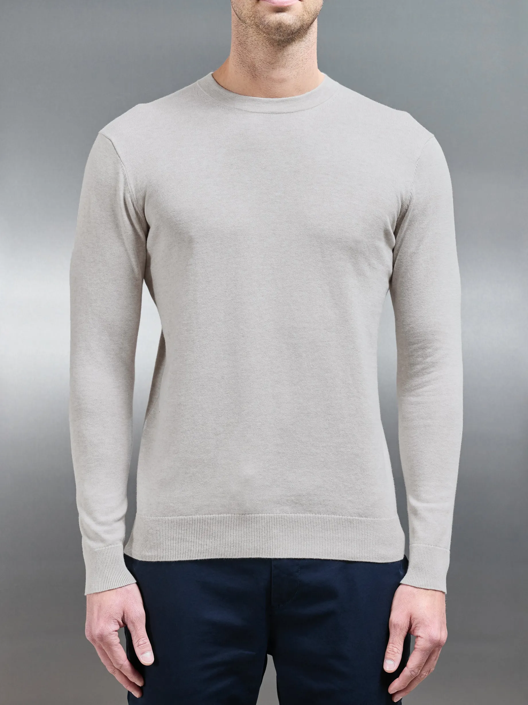 Cotton Knitted Crew Neck Sweatshirt - Oatmeal