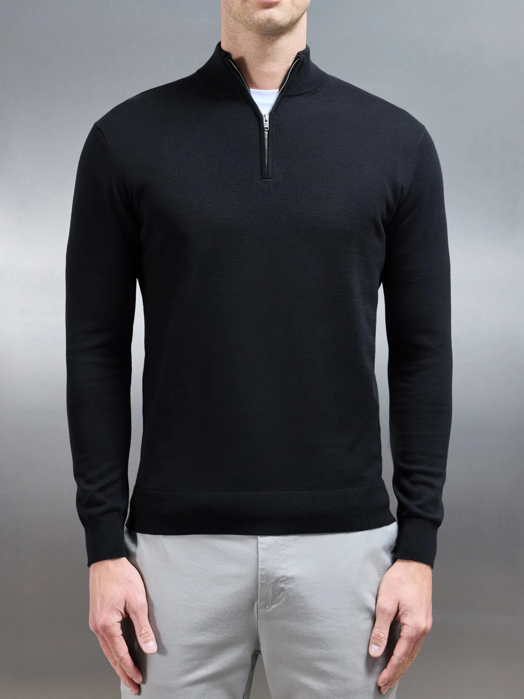 Cotton Knitted Half Zip Funnel Neck Jumper - Black