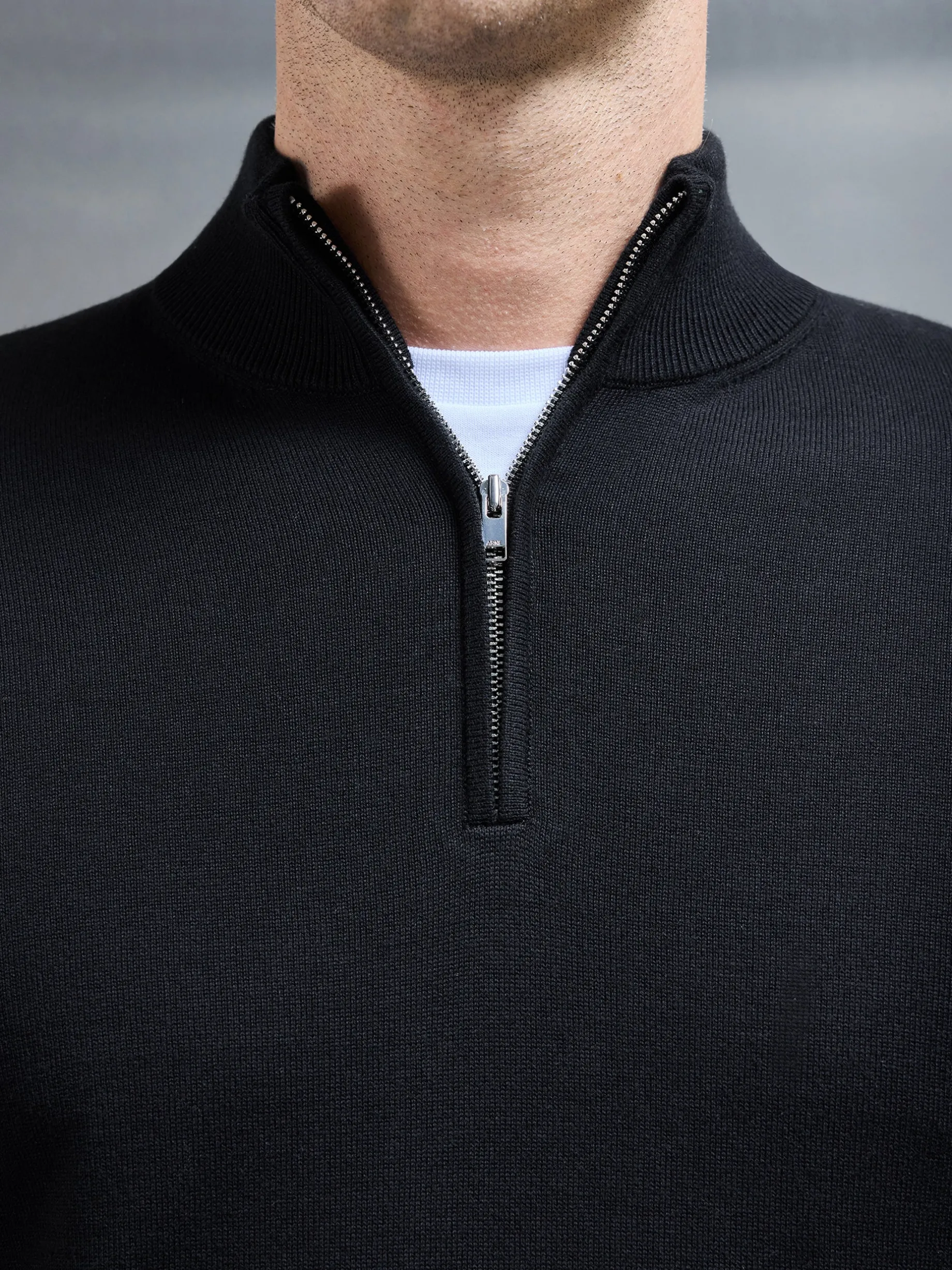 Cotton Knitted Half Zip Funnel Neck Jumper - Black
