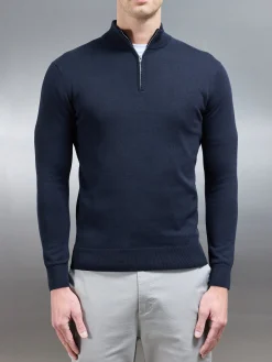 Cotton Knitted Half Zip Funnel Neck Jumper - Navy